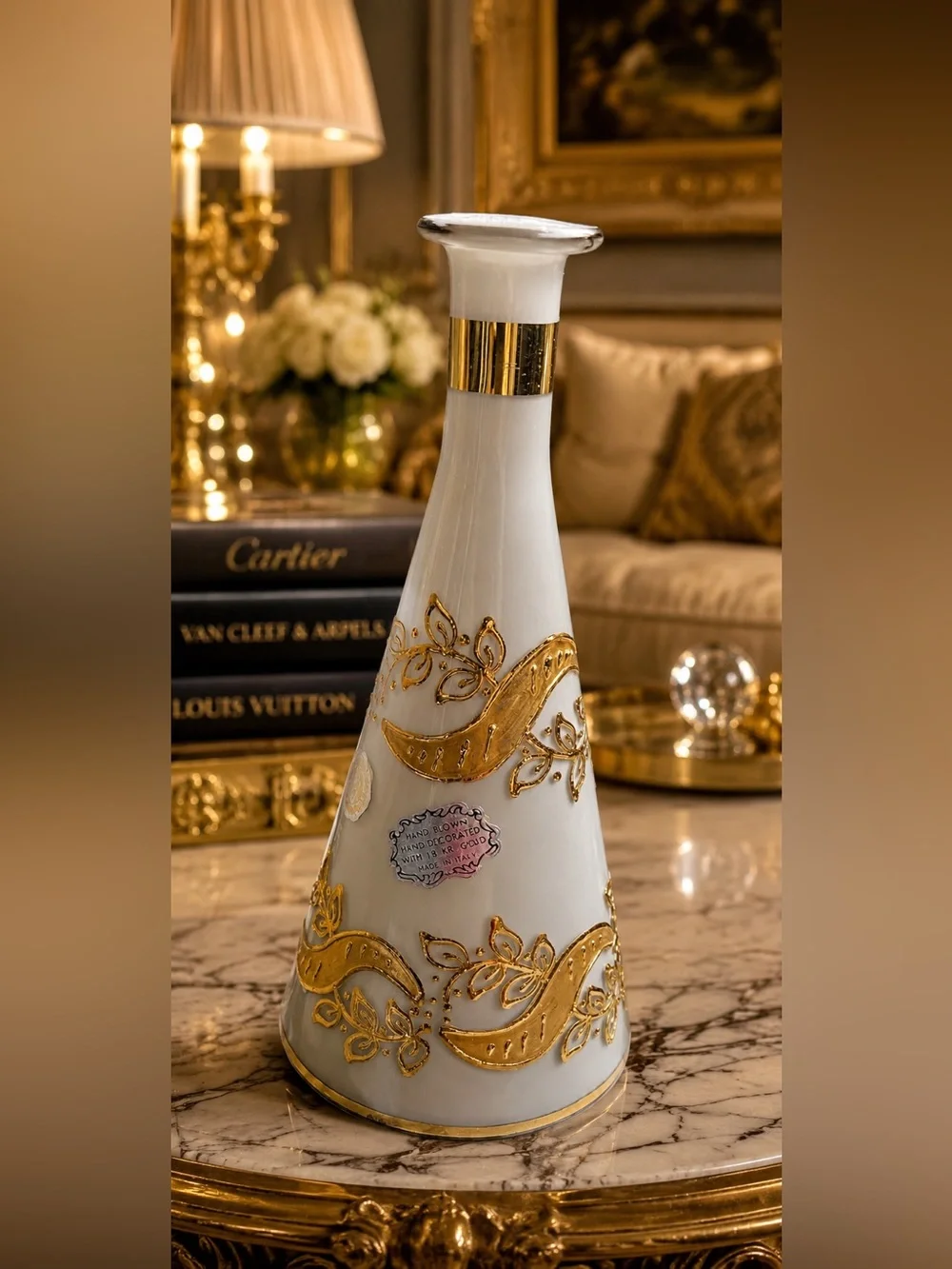 Vintage Italian Hand Blown Glass Vase – Hand Decorated 18K Gold Old Hollywood